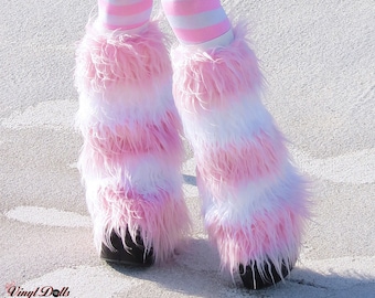 Light Pink White Striped Rave Fluffies Raver Furry Leg Warmers