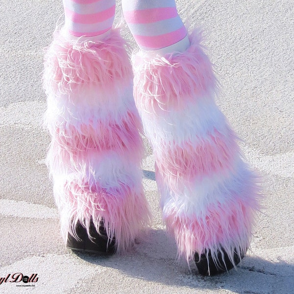 Light Pink White Striped Rave Fluffies Raver Furry Leg Warmers
