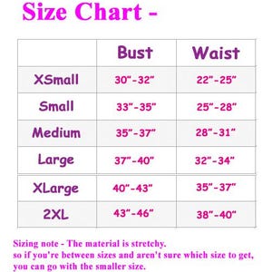 May include: Size chart for clothing with measurements in inches for bust and waist. Sizes include XSmall, Small, Medium, Large, XLarge, and 2XL.
