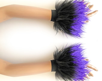 Black Purple Furry Wrist Cuffs, Fur Hand Warmers Fluffies