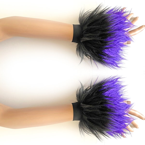 Black Purple Furry Wrist Cuffs, Fur Hand Warmers Fluffies
