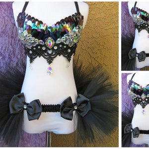 Iridescent Black Rave Outfit: Bra & Tulle Bustle Skirt - Dark Angel Costume