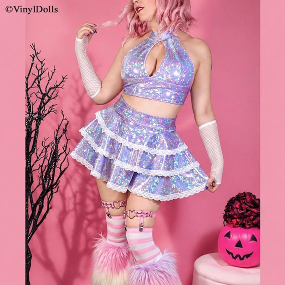 Sparkling Lilac Holographic Rave Set, Top and Skirt, Festival Wear, EDC Outfit