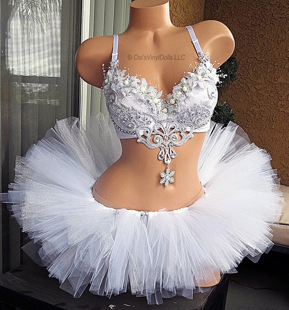Silver White Winter Wonderland Rave Outfit Bra and Tutu, Ice