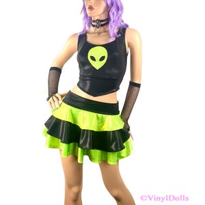 Alien Set - Black Lime Green Top and Skirt, Rave Wear, Cyber Goth Outfit, Alien Costume, Cyber Kei Set