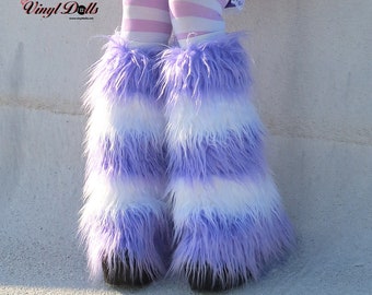 Light Purple White Striped Rave Fluffies Pastel Raver Furry Leg Warmers