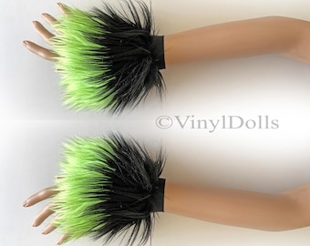 Czarne, limonkowo-zielone, puszyste mankiety na nadgarstki, futrzane ocieplacze do rąk