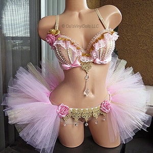 Pink and Gold Rave Set Outfit - Rave Bra, Half TuTu Bustle, EDM Outfit, Custom Rave Outfit, Festival Outfit