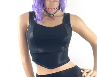 Metallic Black Crop Top, Shiny Spandex, Goth Rave Wear