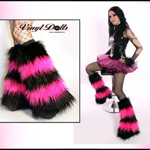 Black and Hot Pink Rave Fluffies Furry Boot Covers, Leg Warmers