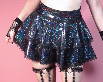 Black Iridescent Holographic Skirt, Kawaii Goth Skirt, Hologram Festival Skirt, Sparkle high waist Skater skirt