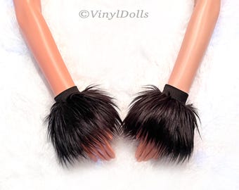 Black Furry Wrist Cuffs | Rave Fluffy Hand Warmers | Cyber Goth Fluffies