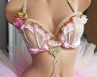 Roze en gouden rave-bh, parels, kristallen, EDM-topje