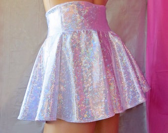 Shattered Glass Holographic High Waisted Skater Skirt - Clubwear, Rave Wear, Hologram Clothing, Mini Circle Skirt