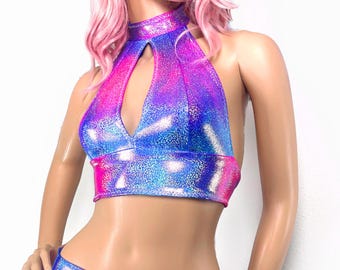 Holographic Halter Crop Top, Sparkle Pink Blue Purple Rave Festival Wear