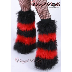 Striped Red and Black Rave Fluffies, Furry Leg Warmers, Fur Boot Covers, Festival Wear image 1