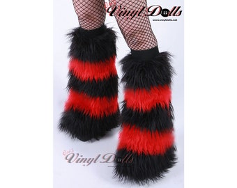 Striped Red and Black Rave Fluffies, Furry Leg Warmers, Fur Boot Covers, Festival Wear