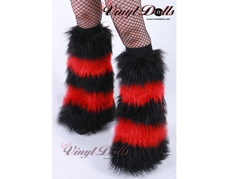 Striped Red and Black Rave Fluffies, Furry Leg Warmers, Fur Boot Covers, Festival Wear image 1