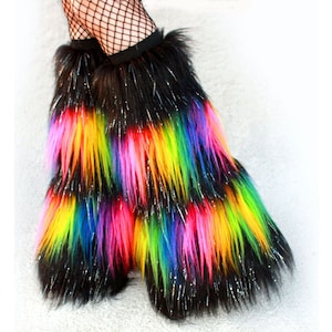 Fluffies Rave Wear Sparkle Black and Rainbow Furry Leg warmers image 1