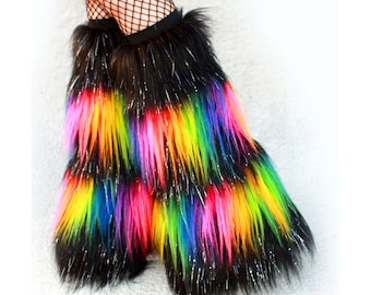 Fluffies Rave Wear Sparkle Black and Rainbow Furry Leg warmers