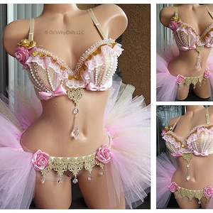 Pink and Gold Rave Outfit - Bra, Half TuTu Bustle, Festival Wear