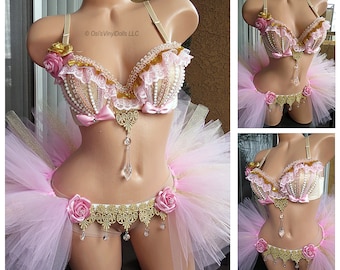 Pink and Gold Rave Outfit - Bra, Half TuTu Bustle, Soft Coquette Style Festival Wear