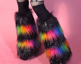 Jambières en fourrure noire scintillante et arc-en-ciel, Rave Fluffies