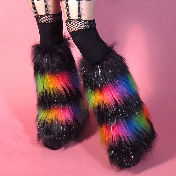 Sparkle Black and Rainbow Furry Leg warmers, Rave Fluffies