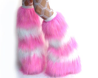 Sparkle Rave Fluffies Striped Candy Pink and White Furry leg warmers