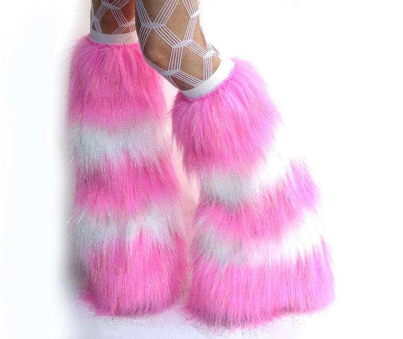 Sparkle Rave Fluffies Striped Candy Pink and White Furry leg warmers image 1