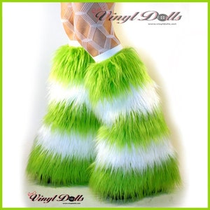 Fluffies - Gestreepte limoengroen witte Rave harige beenwarmers