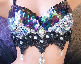 Sujetador negro iridiscente para festivales, top con estampado de escamas de dragón holográficas, atuendo para festivales