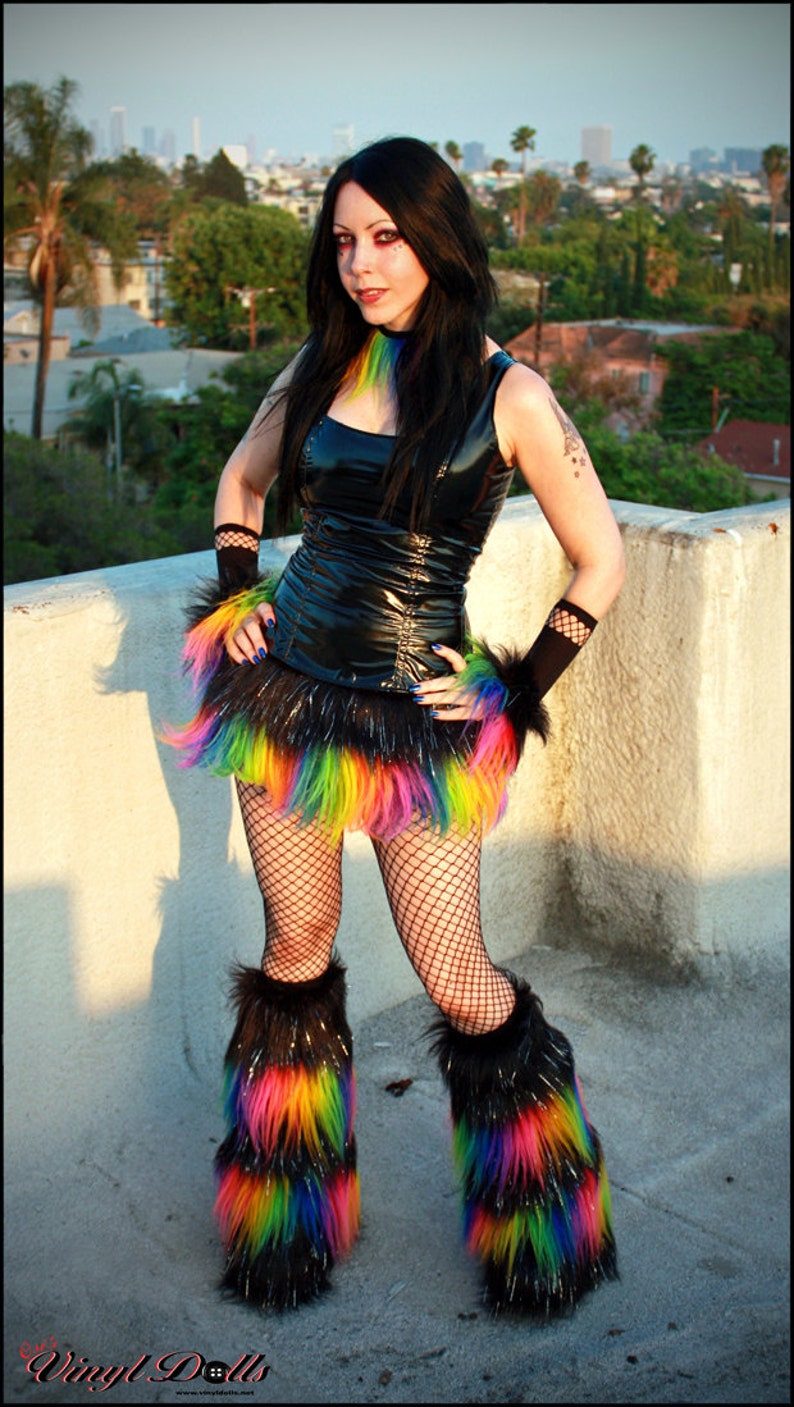 Fluffies Rave Wear Sparkle Black and Rainbow Furry Leg warmers image 3