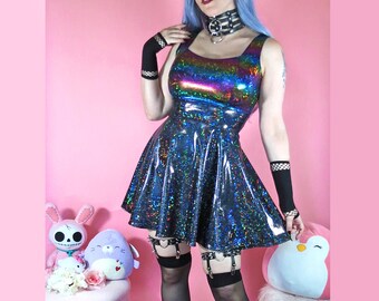 Midnight Rainbow Dress, Black Rainbow Sparkling Holographic Dress, Kawaii Dress, Festival Wear, Rave Style Dress, Goth Fashion Dress