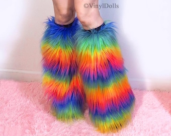 RAINBOW Rave Fluffies, Fuzzy Leg Warmers Rave furry Boot covers, Festival  Wear, RaveWear