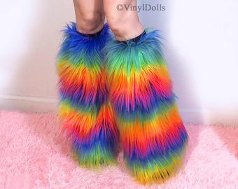 Women’s Vintage Rainbow Plush Leg Warmers, Fuzzy Thick Boot Cuffs Long Furry Socks For Partywear Cozy Outfits