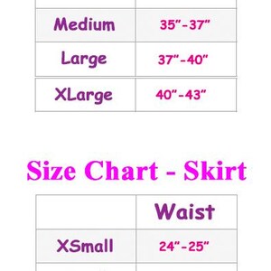 May include: Size chart for tops and skirts with measurements in inches. The chart shows the size, bust or waist measurements, and the corresponding size range. For example, a size XSmall top has a bust measurement of 30 to 32 inches.