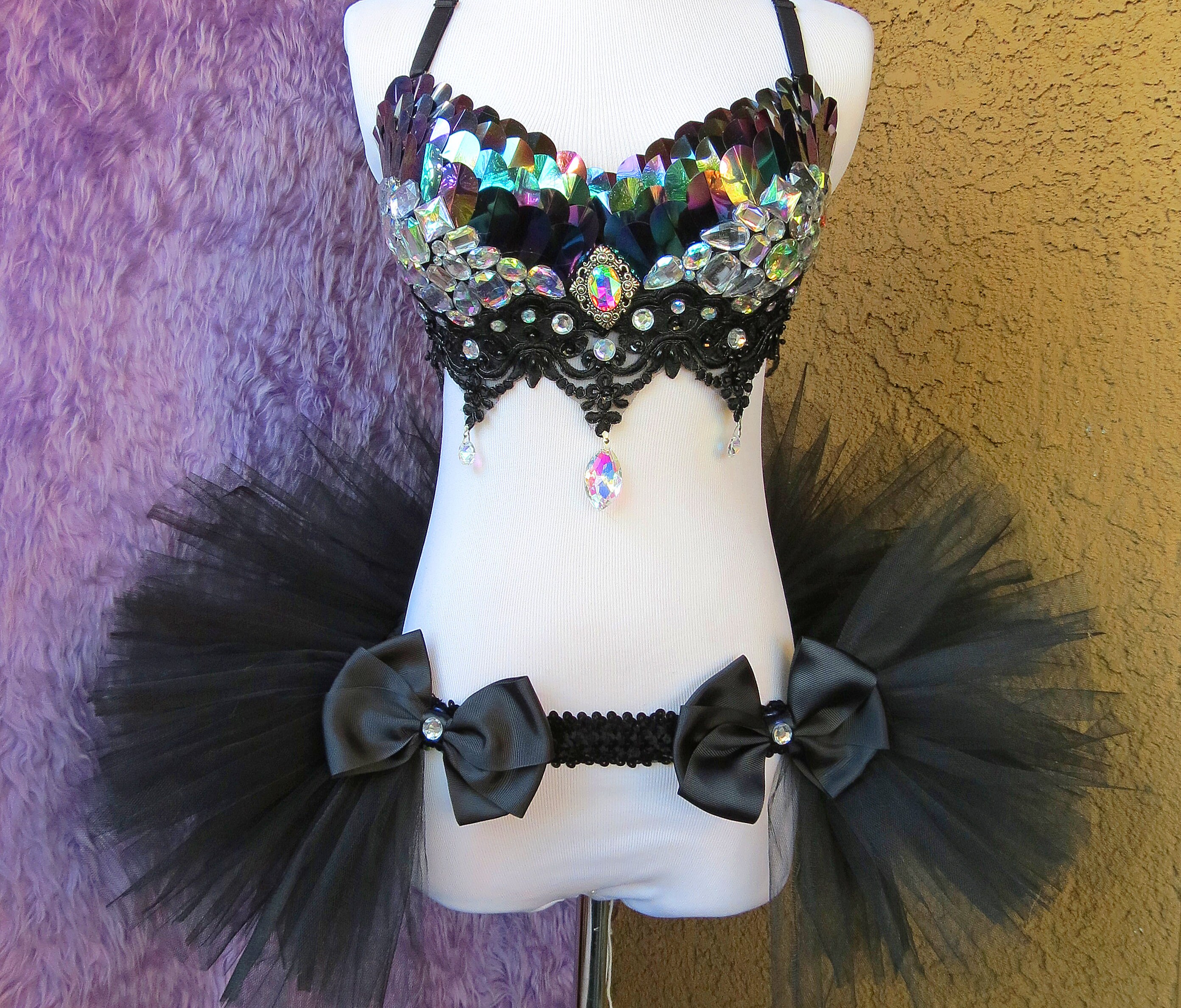 Iridescent Black Rave Outfit: Bra & Tulle Bustle Skirt - Dark Angel ...