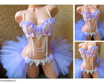 Pastel Light Purple Rave Outfit - Bra, Lilac Half TuTu, Bustle, Festival Wear