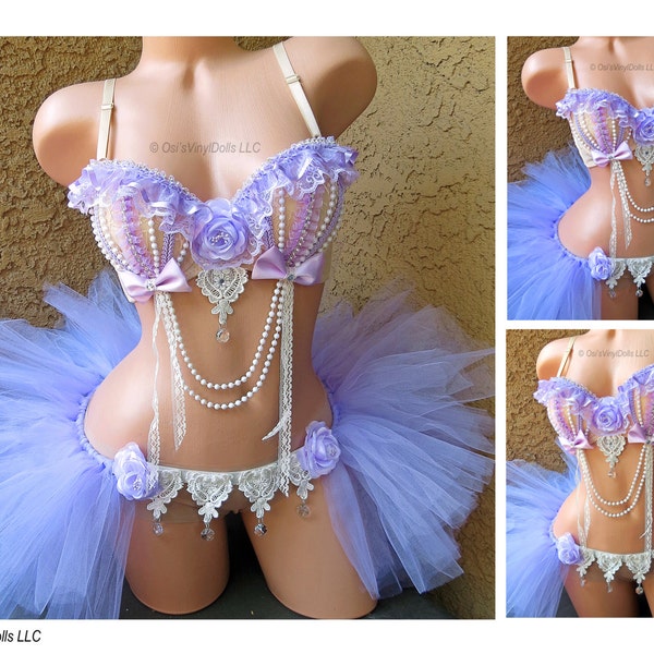 Pastel Light Purple Rave Outfit - Bra, Lilac Half TuTu, Bustle, Festival Wear