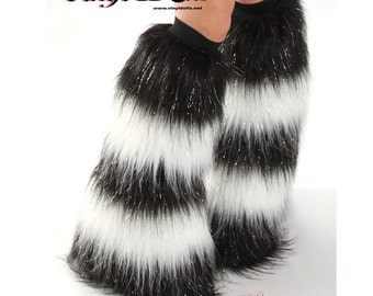 Sparkle DanceWear Fluffies Rave Wear Black / White Furry Boot Covers