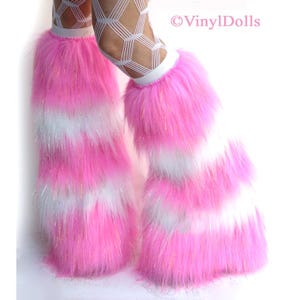 Sparkle Rave Fluffies Striped Candy Pink and White Furry leg warmers
