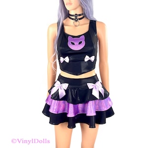 Conjunto Lilac Kitty - Top curto e saia skater em camadas, Kawaii Goth, Pastel Goth, roupa Sweet Lolita