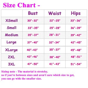 May include: Size chart for clothing with measurements in inches for bust, waist, and hips. Sizes include XSmall, Small, Medium, Large, XLarge, 2XL, and 3XL.