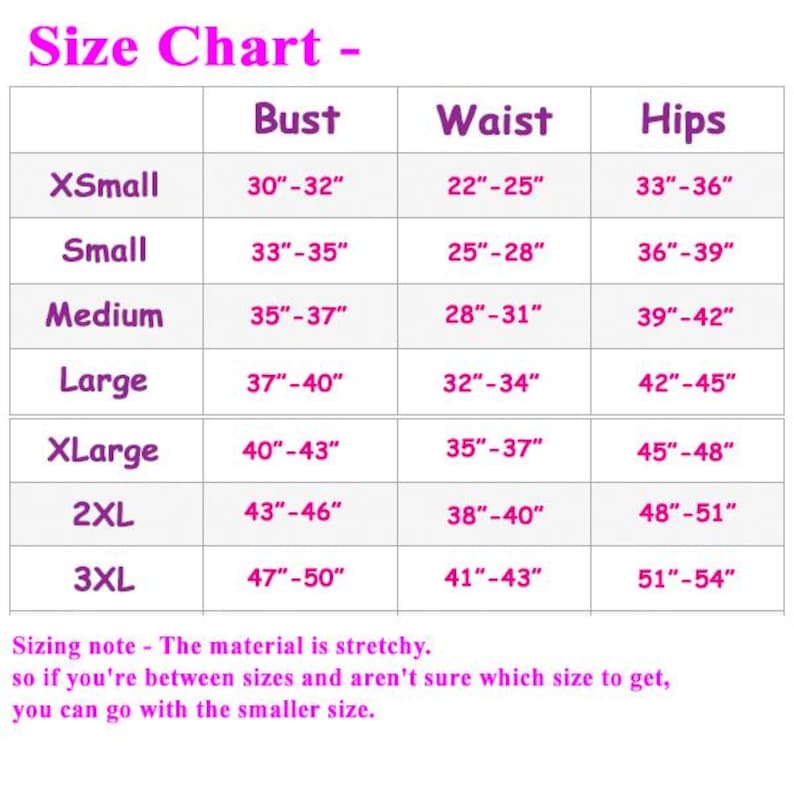 May include: Size chart for clothing with measurements in inches for bust, waist, and hips. Sizes include XSmall, Small, Medium, Large, XLarge, 2XL, and 3XL.