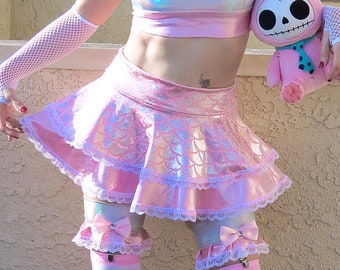 Pink Mermaid Holographic High Waisted Skirt, Clubwear, Rave Wear, Hologram Circle Skater Skirt