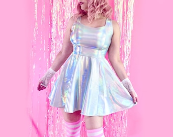 Silver Holographic Dress, Festival Rave Wear, Reflective Hologram Dress
