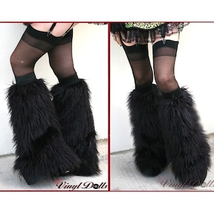 Chauffe-jambes en fausse fourrure noire, housses de bottes en fourrure, peluches de rave