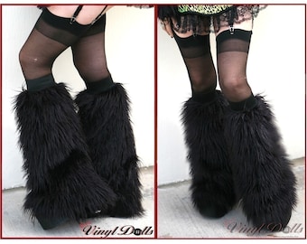 Chauffe-jambes en fausse fourrure noire, housses de bottes en fourrure, peluches de rave