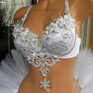 Silver White Winter Wonderland Rave Bra, Ice Princess, Snow Angel, Christmas, Bachelorette Bridal Bra image 2